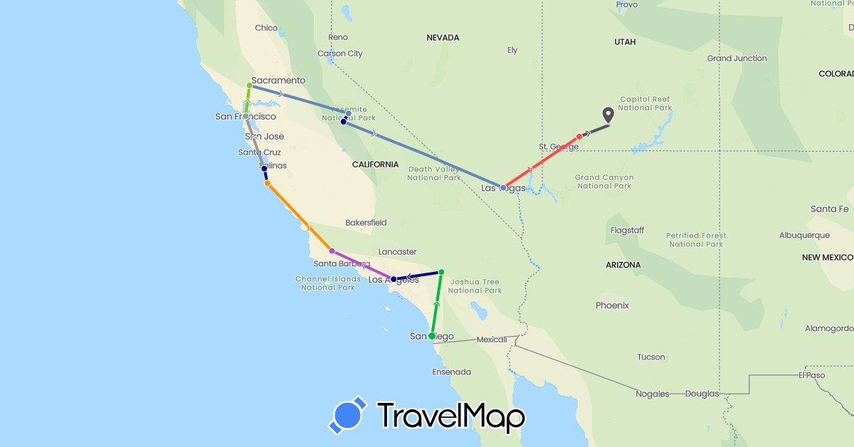 TravelMap itinerary: driving, bus, plane, cycling, train, hiking, hitchhiking, motorbike, electric vehicle in United States (North America)